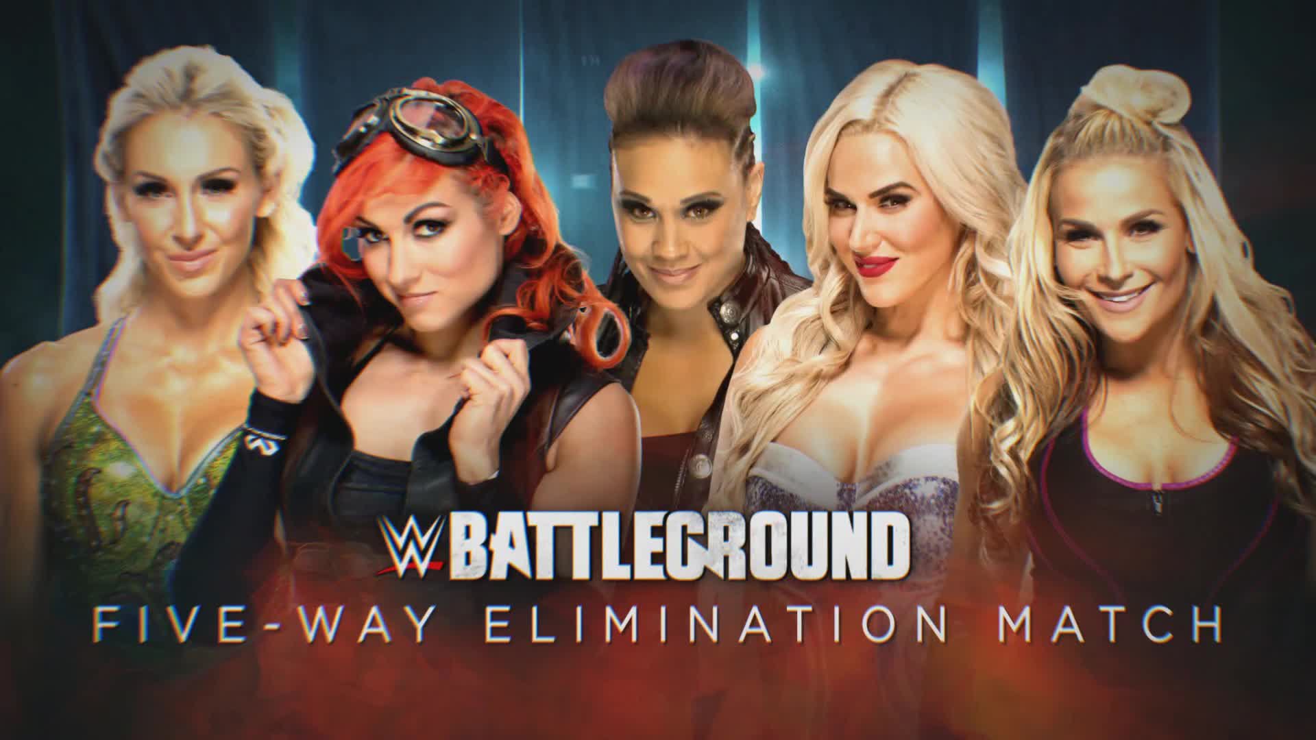 Image result for Charlotte Flair vs. Becky Lynch vs. Natalya vs. Tamina vs. Lana (Five-Way Elimination Match to determine Naomi's opponent at SummerSlam) battleground