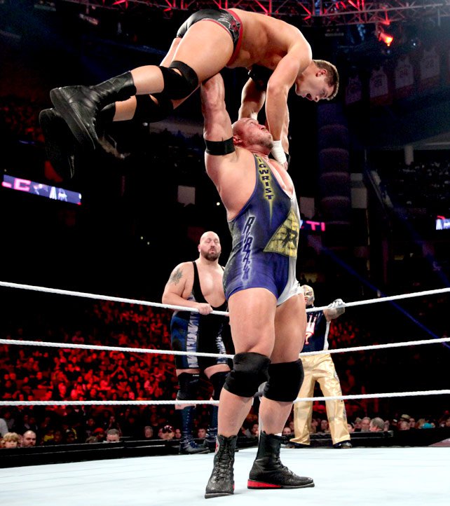 Ryback exerts his dominance over Cody Rhodes in the opening moments of the match.