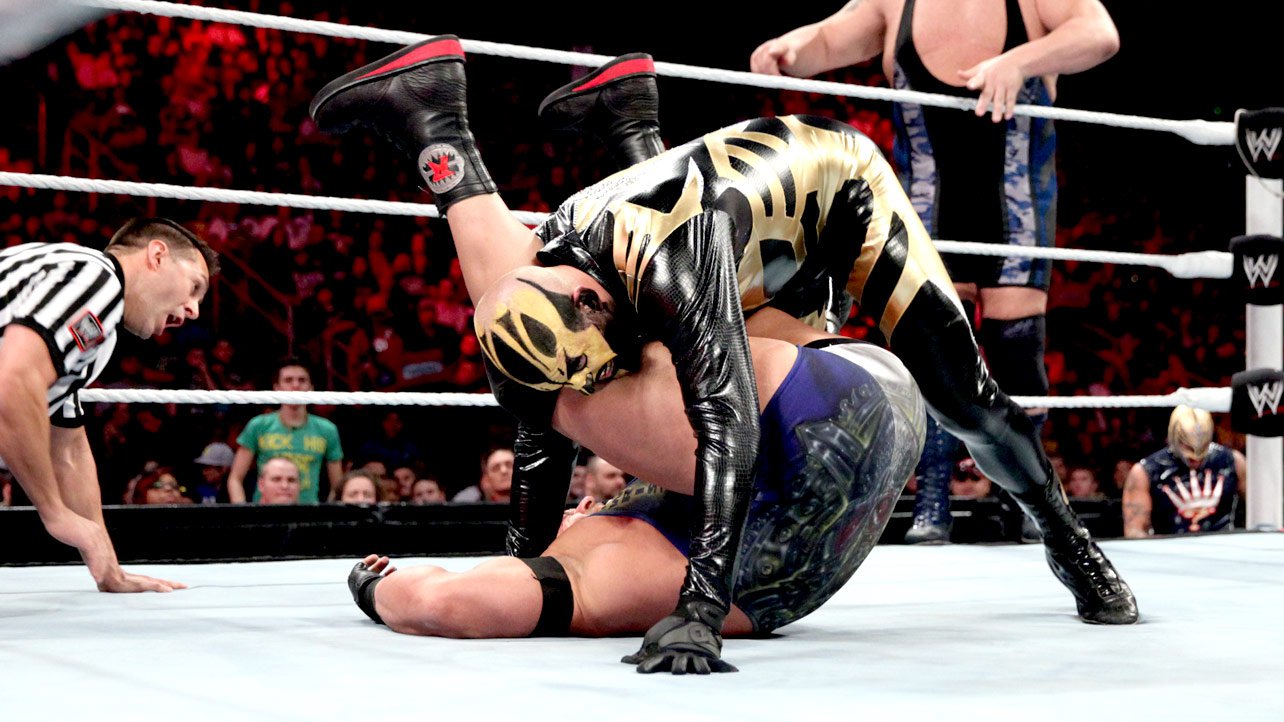 Goldust is able to surprise Ryback with a rollup to eliminate The Human Wrecking Ball and Axel.