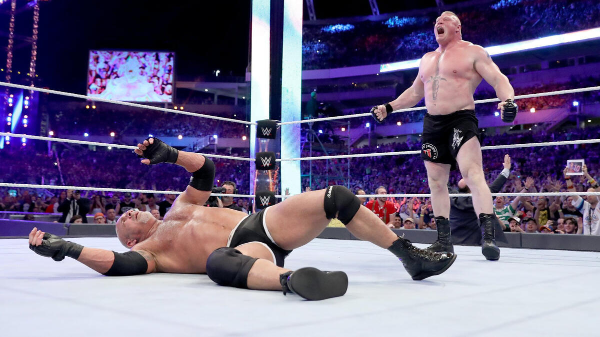 After savaging the champion with a seemingly endless supply of German Suplexes, Lesnar administers the F-5 to defeat Goldberg and claim the Universal Title.