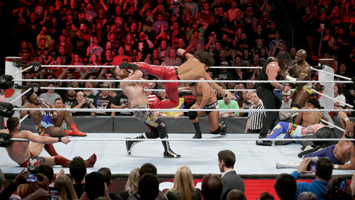 Shinsuke Nakamura enters at No. 14 and immediately changes the tone of the match with a devastating series of strikes.