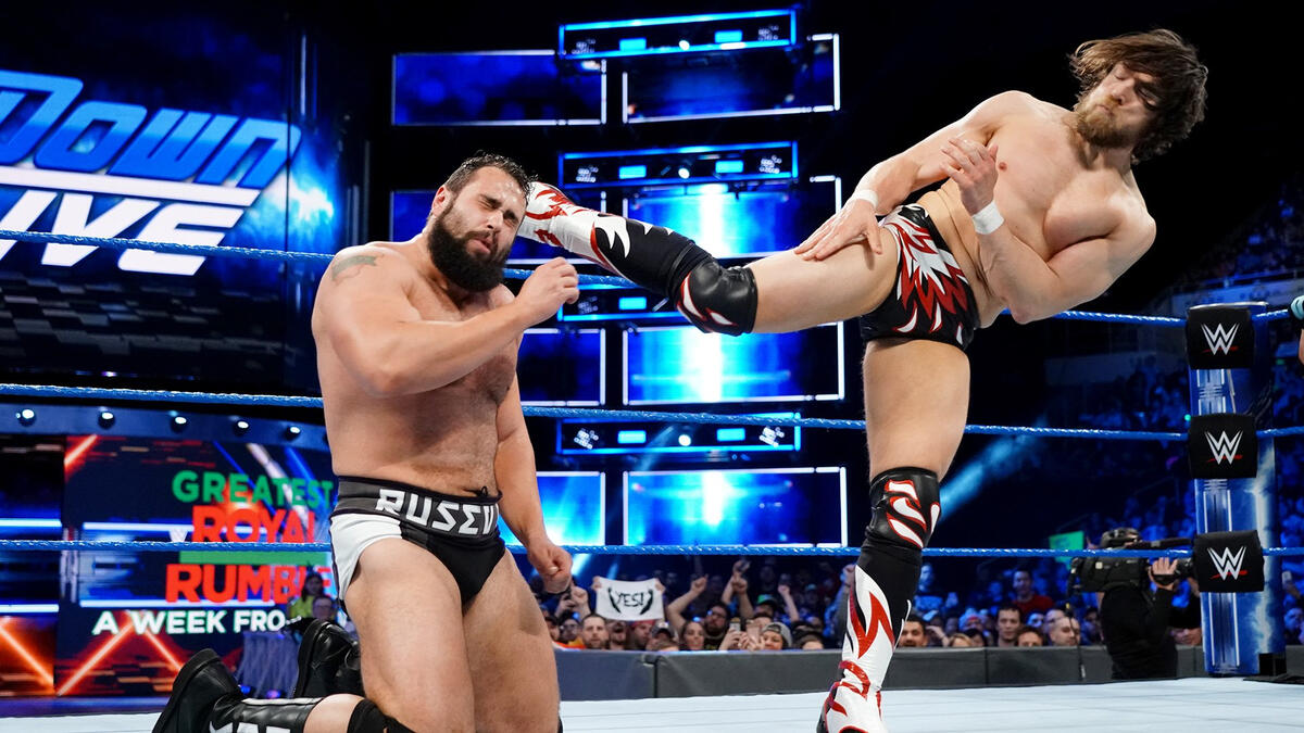 Daniel Bryan kicking Rusev in the head