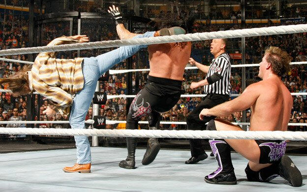 With no disqualifications, HBK hits Sweet Chin Music on Undertaker.