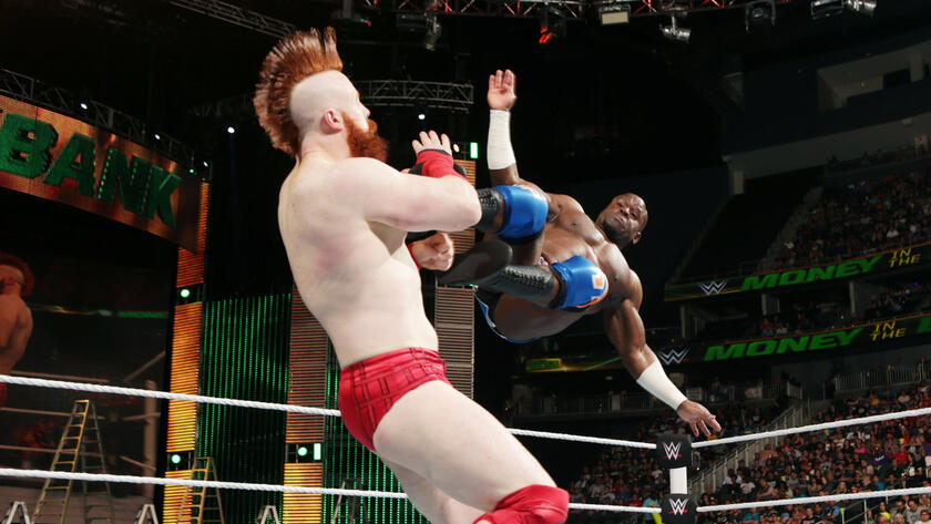 Crews shows off his extraordinary agility, delivering a picture-perfect dropkick.