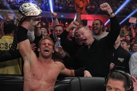 Zack Ryder celebrates with his broskis after winning the U.S. Championship at WWE TLC 2011