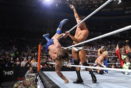 Cody Rhodes hurls "Hacksaw" Jim Duggan over the top rope during the 2012 Royal Rumble.