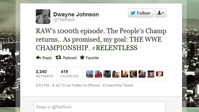 The Rock tweets that he will be at Raw's 1,000th episode