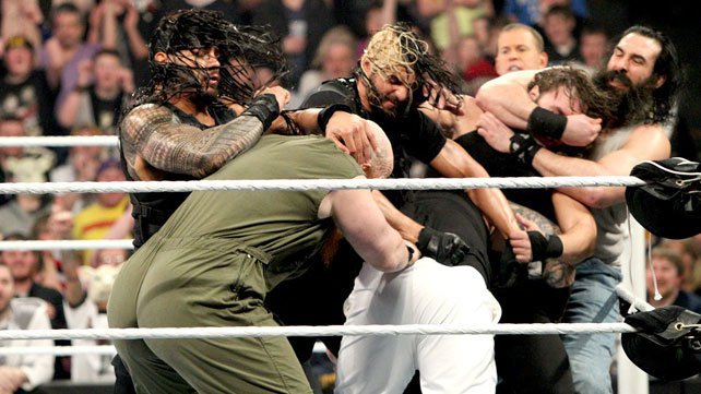 The Shield brawl with The Wyatt Family at Elimination Chamber 2014