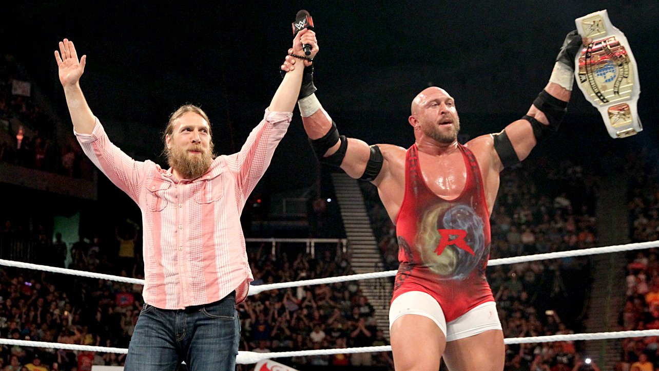 Daniel Bryan and Ryback after Ryback wins WWE Intercontinental Championship at Elimination Chamber 2015