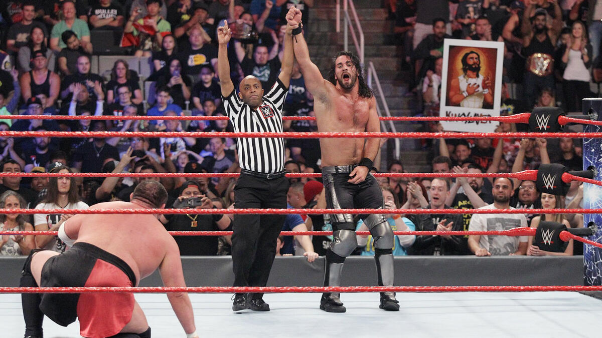 Despite Joe's best efforts, Rollins is able to catch his opponent off-guard and pick up the major victory. 