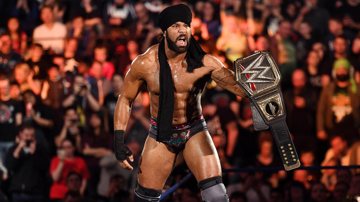 WWE Champion Jinder Mahal bellows at the WWE Universe prior to his title defense.