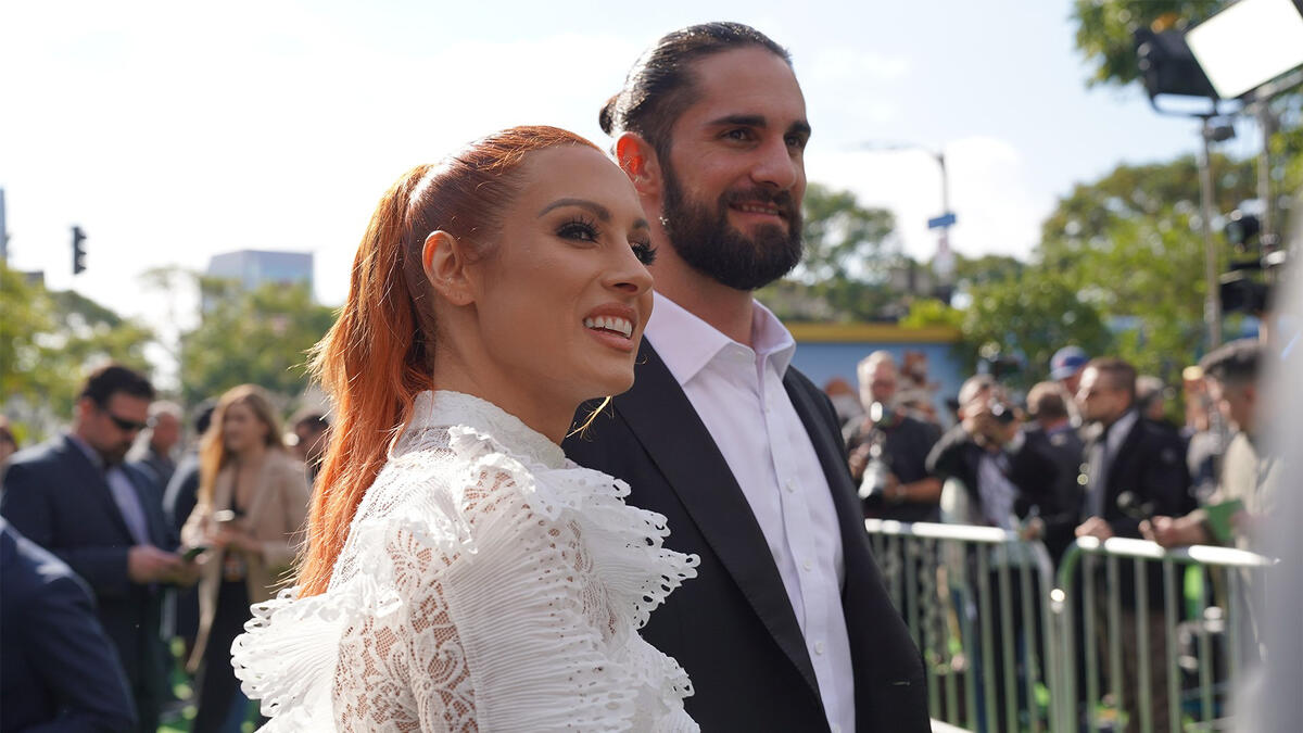 Seth Rollins and Becky Lynch attend the premiere of 'Dolittle' at