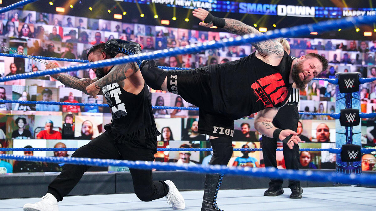 Kevin Owens hits Jey Uso with a super kick on WWE SmackDown