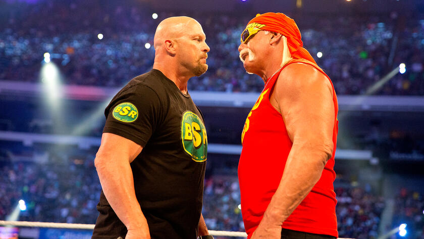 "The Rock, \u0022Stone Cold\u0022 Steve Austin and Hulk Hogan kick off  WrestleMania 30 (Full Segment)"