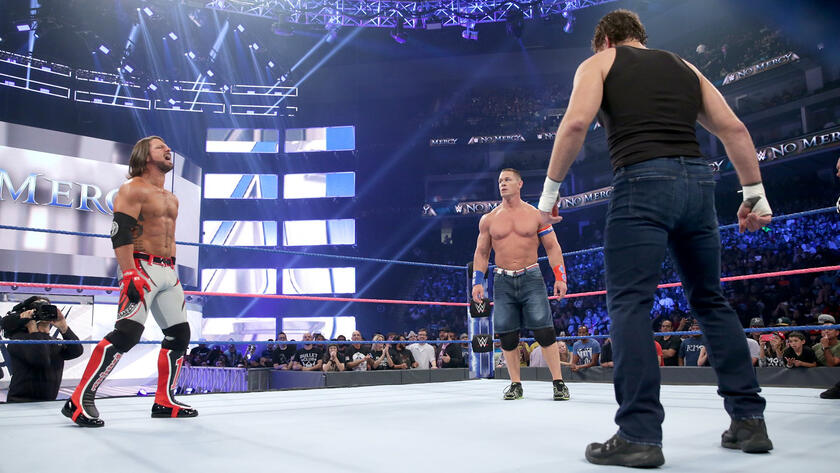 AJ Styles appears pumped as he prepares to defend his WWE World Championship against John Cena and Dean Ambrose.