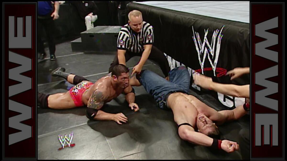 John Cena and Batista hit the ground at the same time - Royal Rumble ...