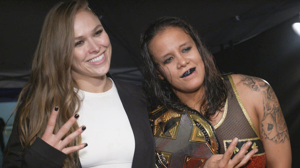 Ronda Rousey celebrates backstage with new NXT Women's Champion Sh...