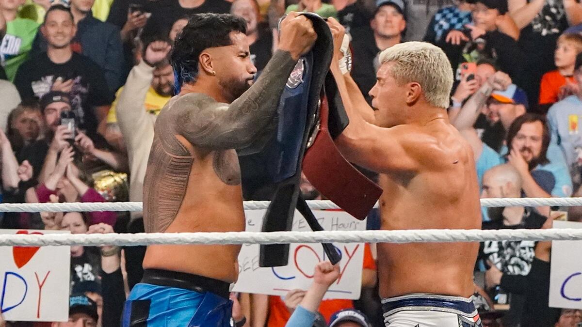 Cody Rhodes and Jey Uso celebrate winning the Undisputed WWE Tag Team Titles: WWE Fastlane 2023 highlights | WWE
