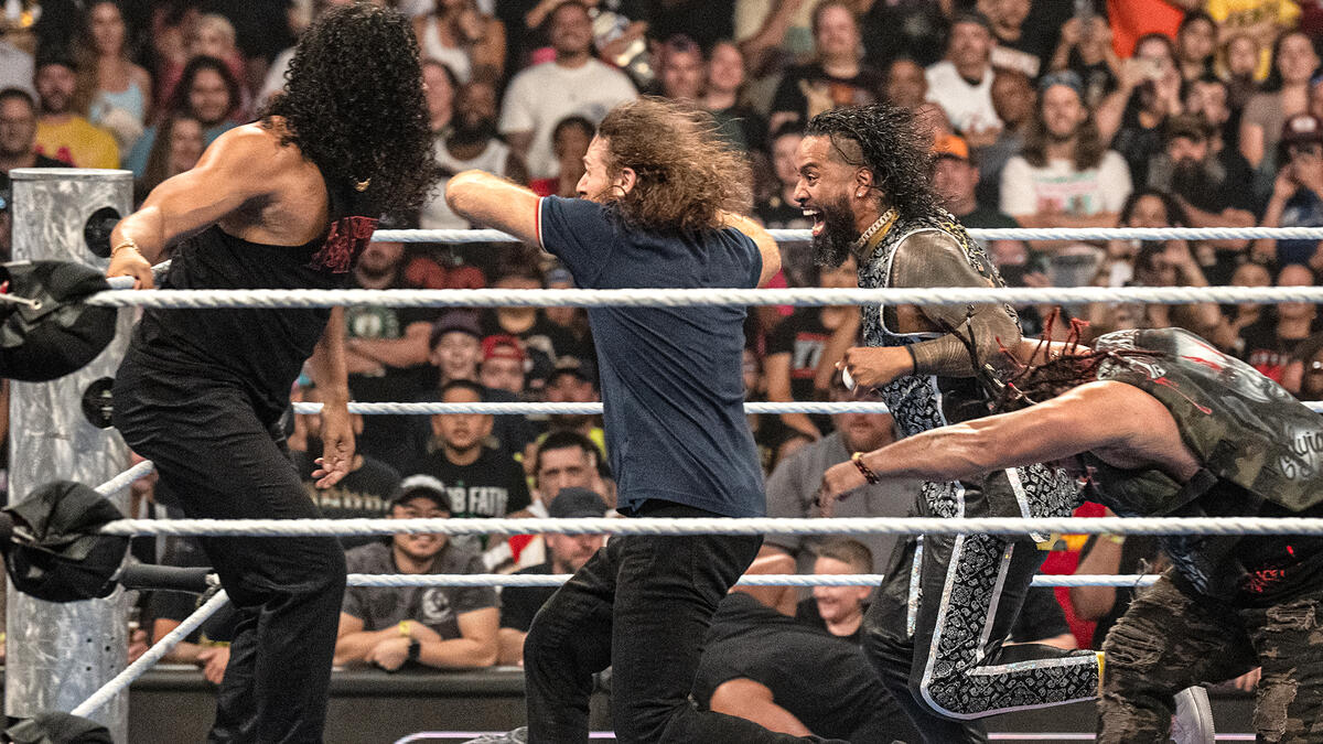 Sami Zayn, Jimmy Uso and Jacob Fatu knock The MFTs out of the ring ...