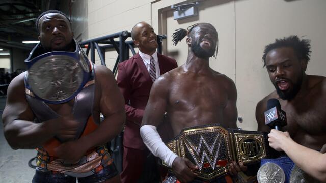 "Byron Saxton celebrates with The New Day at WWE Extreme Rules: WWE.com Exclusive, July 14, 2019"