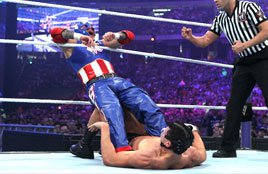 Cody Rhodes and Rey Mysterio do battle at WrestleMania XXVII.