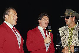 Announcers Bruno Sammartino and Mr. McMahon speak with the predictably colorful Jesse Ventura.